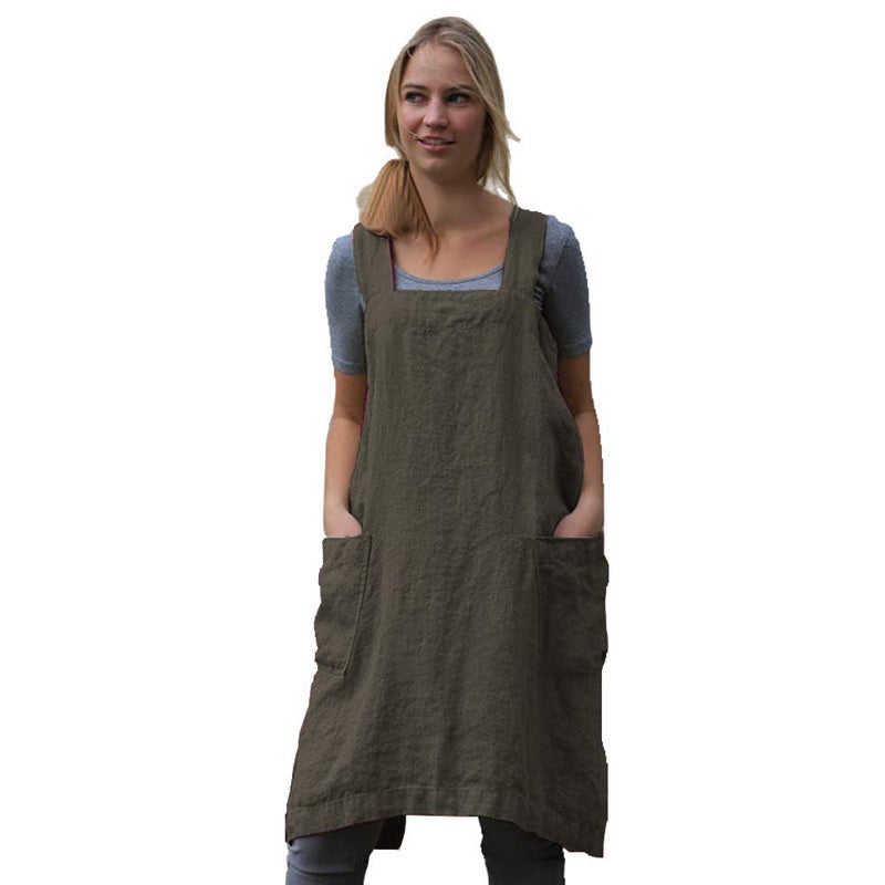 Larmliss Womenâ€™s Pinafore Square Apron Baking Cooking Gardening Works Cross Back Cotton/Linen Blend Dress with 2 Pockets Green L - Image 1